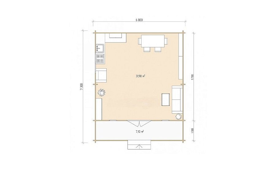 Садовый дом серия ДСК 6×6 с навесом 1,5м. и крыльцом 1,3м.